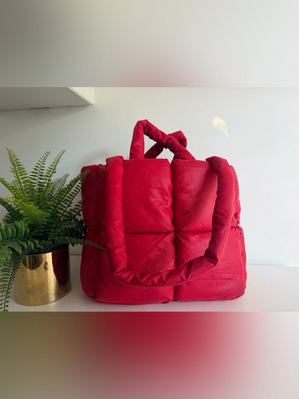 Red Quilted Tote Bag — Soft Puffer Shoulder Bag